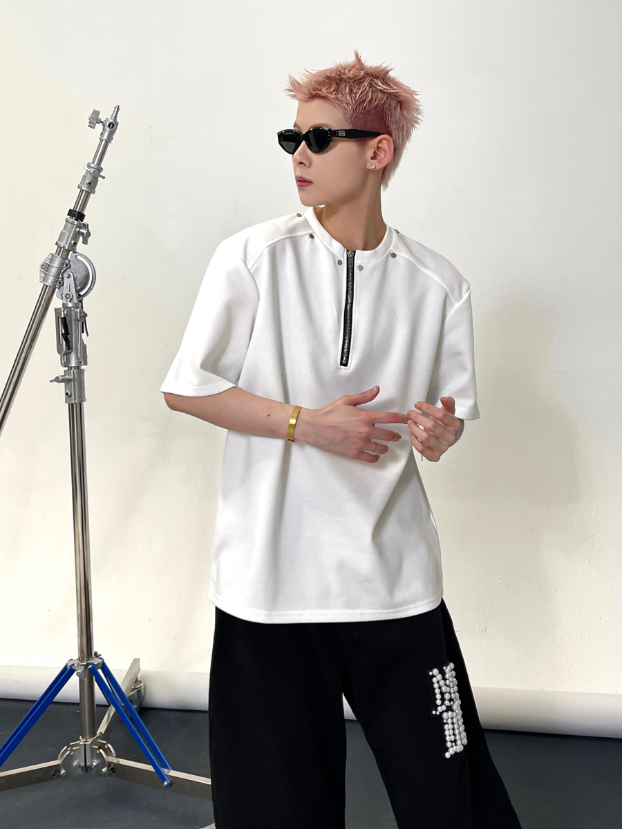 Half Zipper Rivet Design T-Shirt EAT140