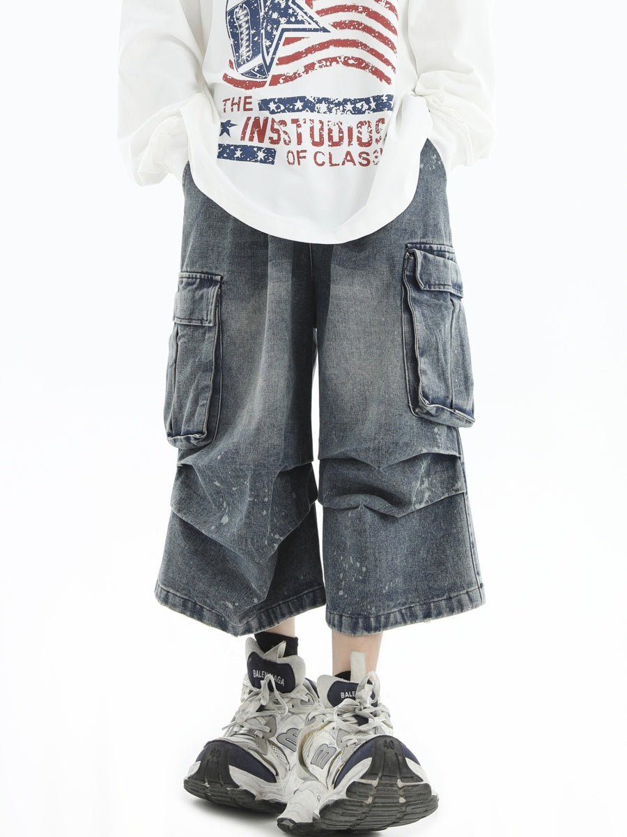 Paint-Splashed Pleated Denim Cropped Cargo Pants IN7022