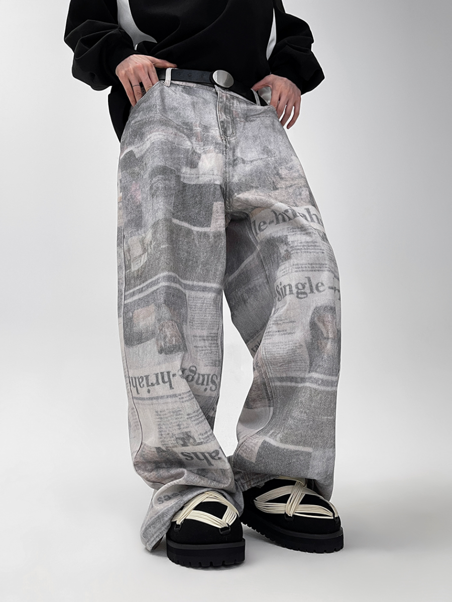 Graffiti Distressed Newspaper Pattern Jeans MB7090