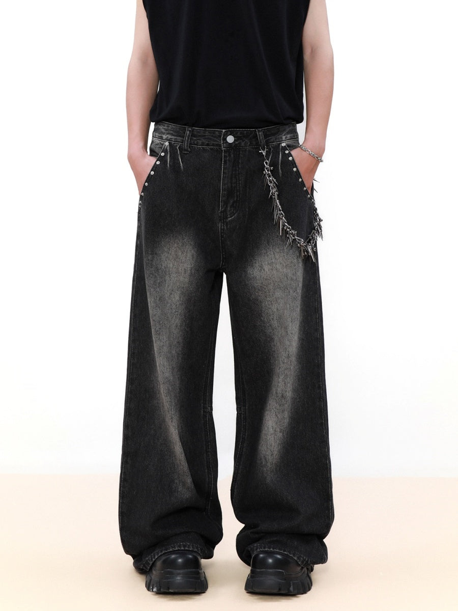 Retro Washed Rivet Design Wide-leg Jeans MB7047