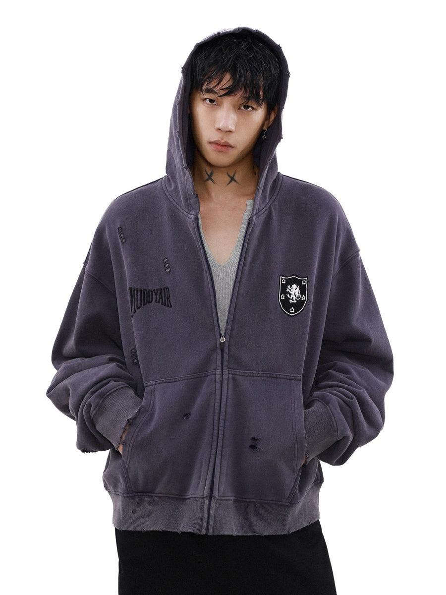 Street Distressed Sweat Zip-Up Hooded Parka MB7189