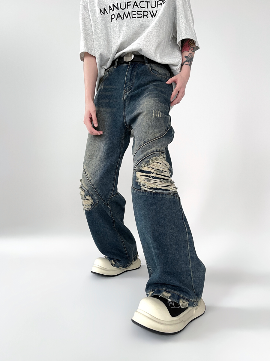 Gradient Scratched Ripped Loose Straight-leg Jeans EAT015