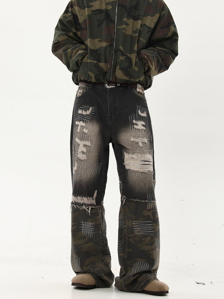 Camouflage Panelled Ripped Jeans MB7216