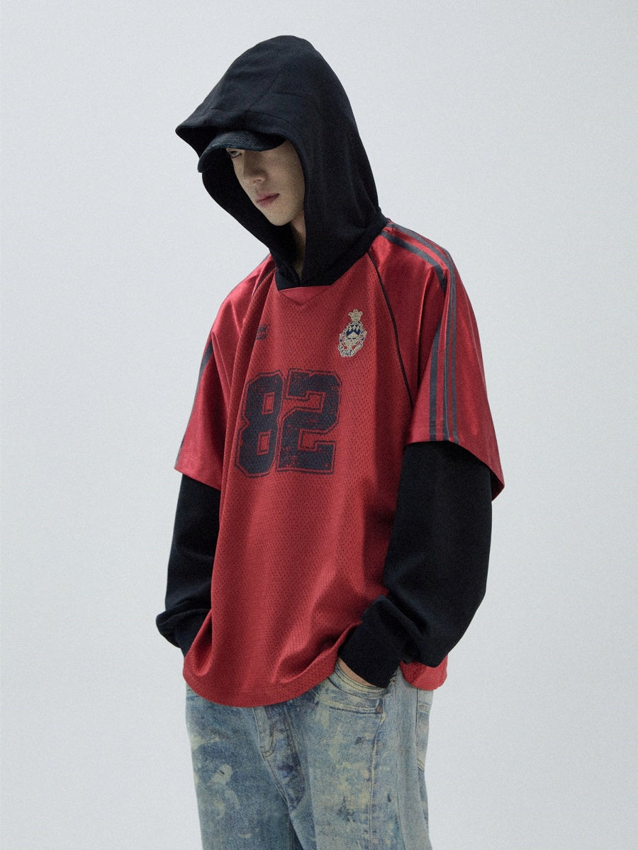 Football Letter Print Fake Layered Hooded Top MB7072