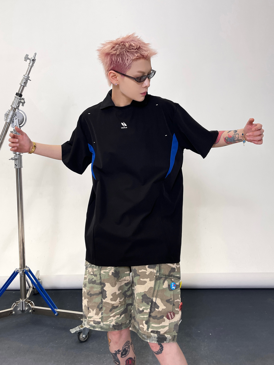 Patchwork Contrast Polo Collar T-shirt EAT134