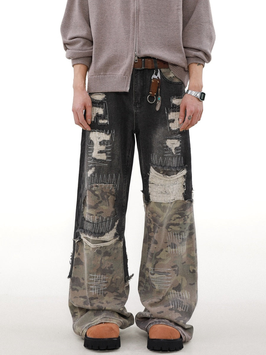 Camouflage Stitched Damage Loose Jeans MB7257