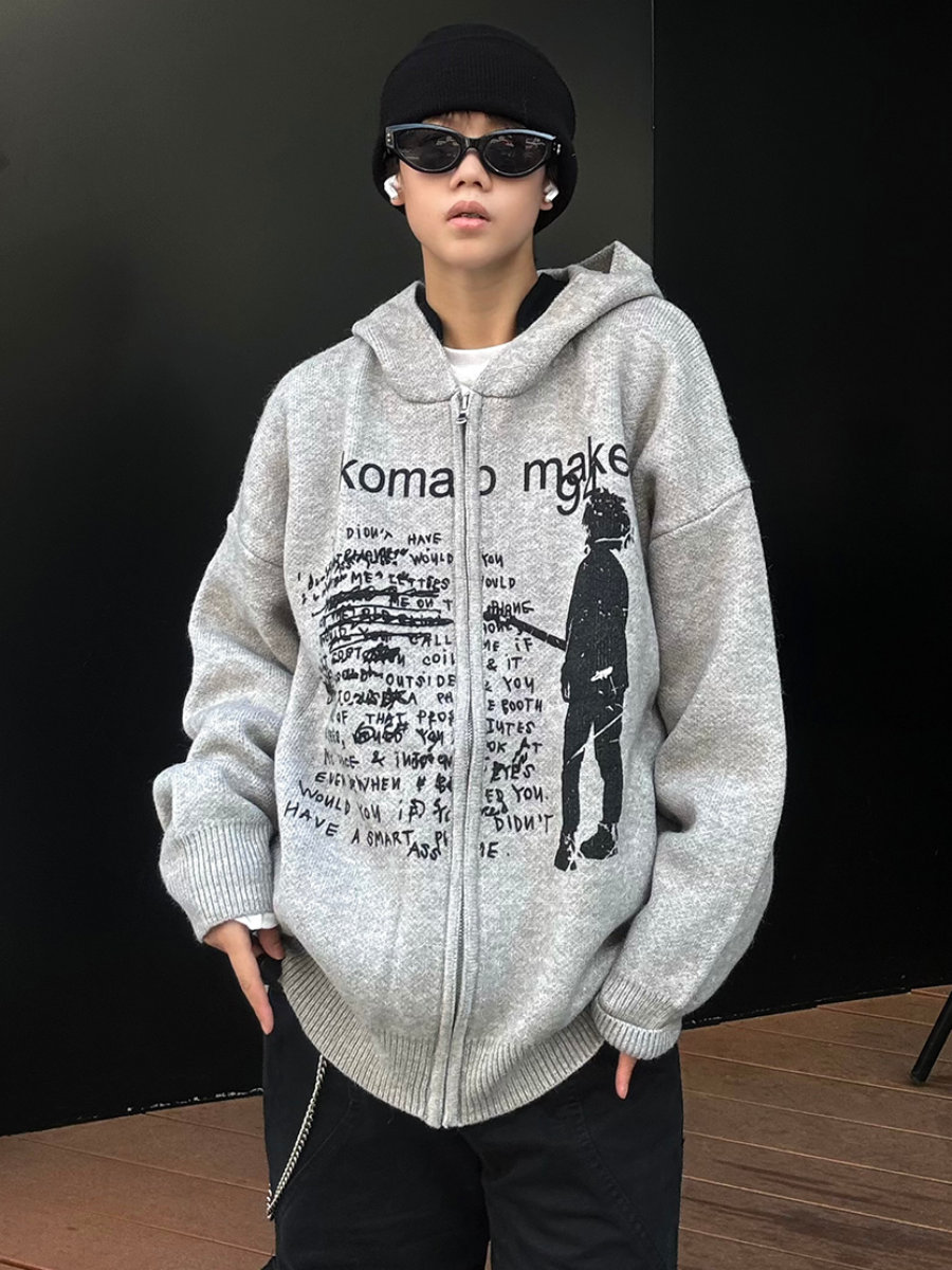 Letter Print Zip Hooded Knitted Sweater MB7130