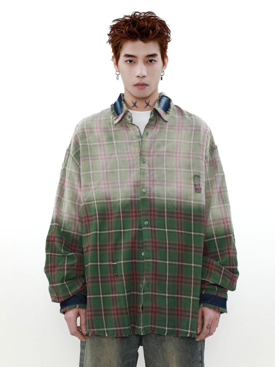 Gradient Plaid Long Sleeve Shirt Jacket MR013