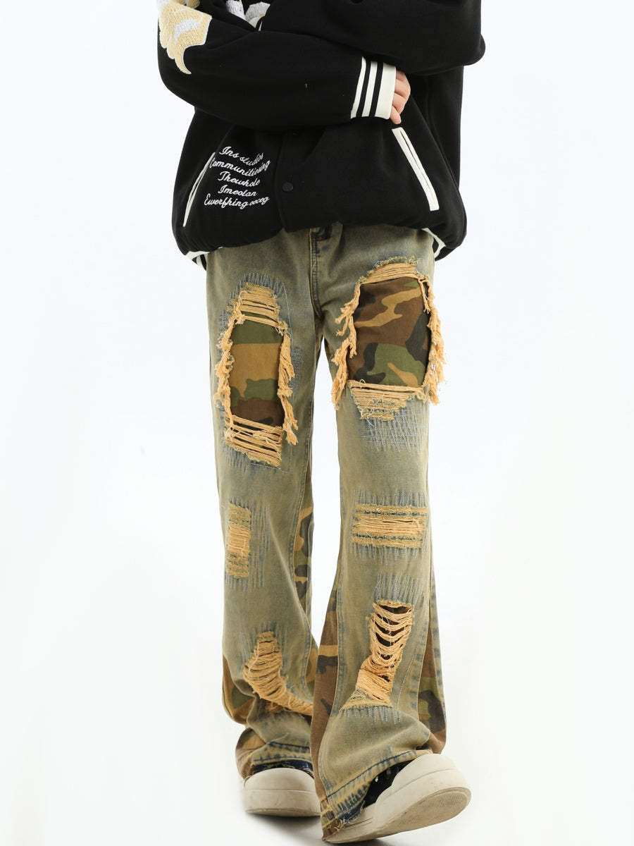 Stitching Camouflage Ripped Loose Flare Jeans IN7055