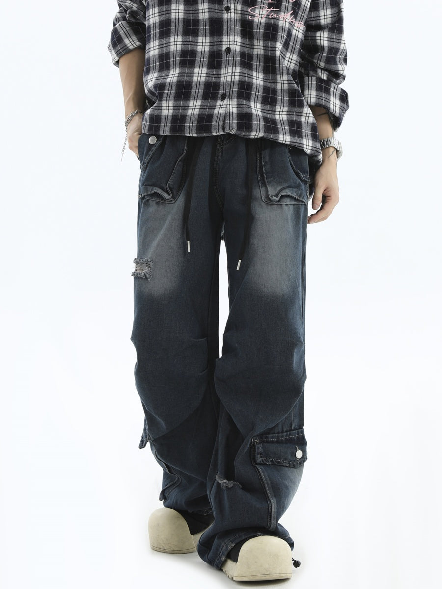 Pleated Washed Loose Straight Work Jeans IN7053