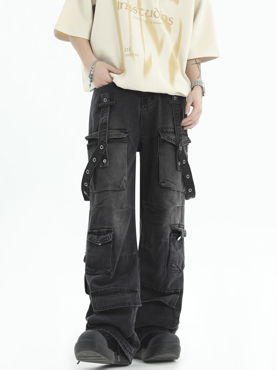 Design Strap Multi-pocket Wide-leg Cargo Jeans IN7009