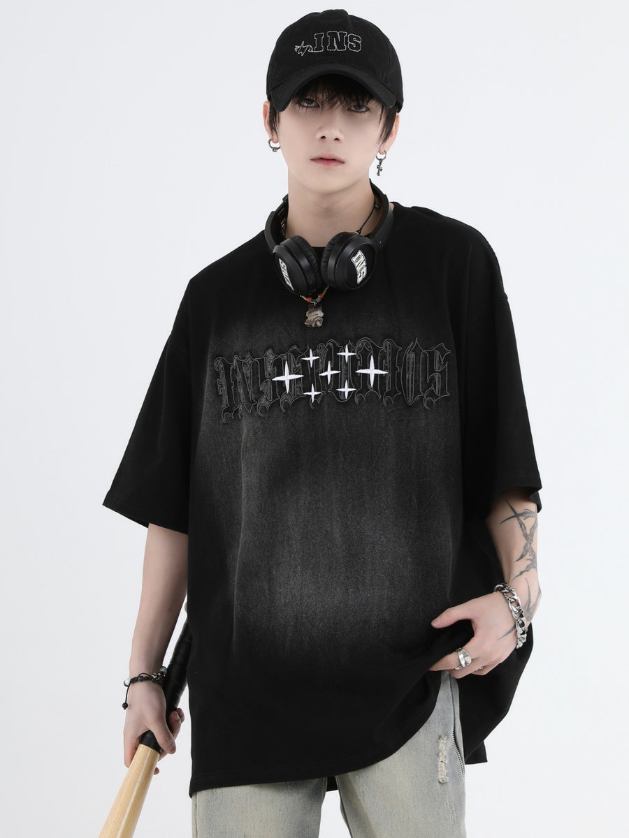 Gothic Font Embroidery LOGO Wash T-Shirt IN7011