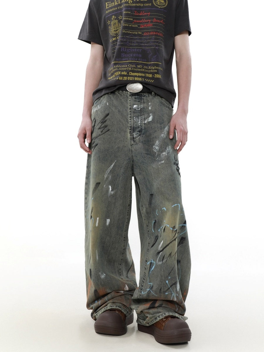 Paint Design Washed Straight Jeans MR018