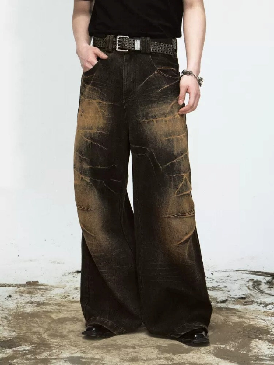 Yellow Mud Dyed Lightning Crack Wide-leg Jeans MB7026