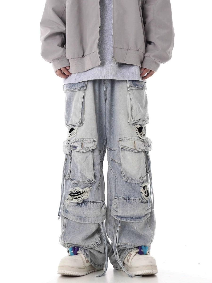 Heavy Washed Ripped Cargo Jeans MB7375