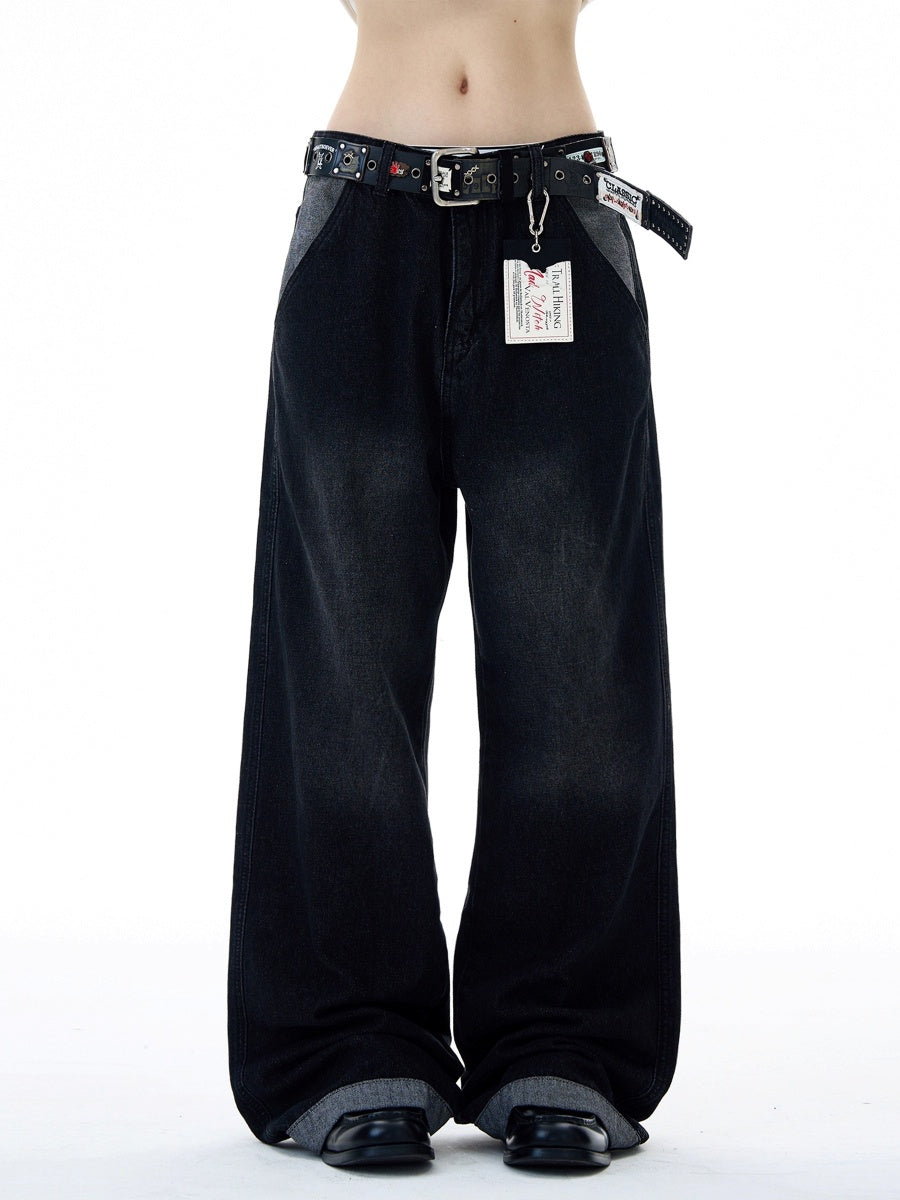 Contrasting Paneled Washed Loose Straight Jeans MD7001