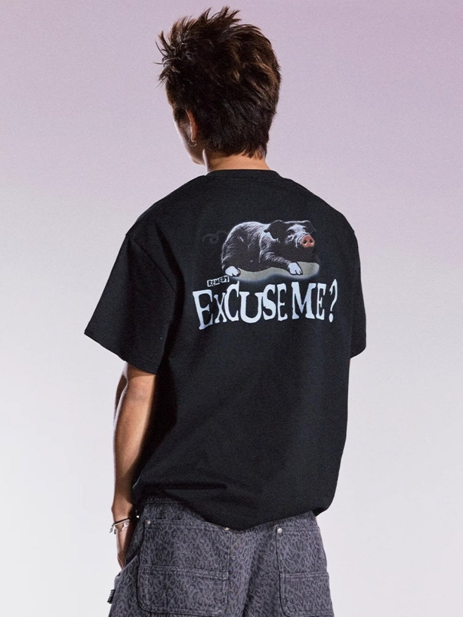 Funny Black Pig Print T-shirt MB7358
