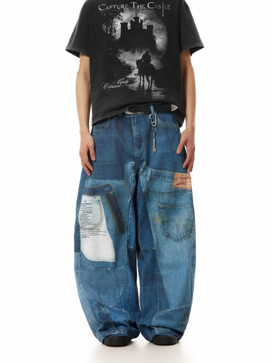 3D Digital Patchwork Print Baggy Loose Jeans MB7374