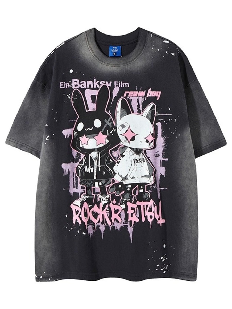 Washed Distressed Cartoon Anime Print T-shirt NH7004