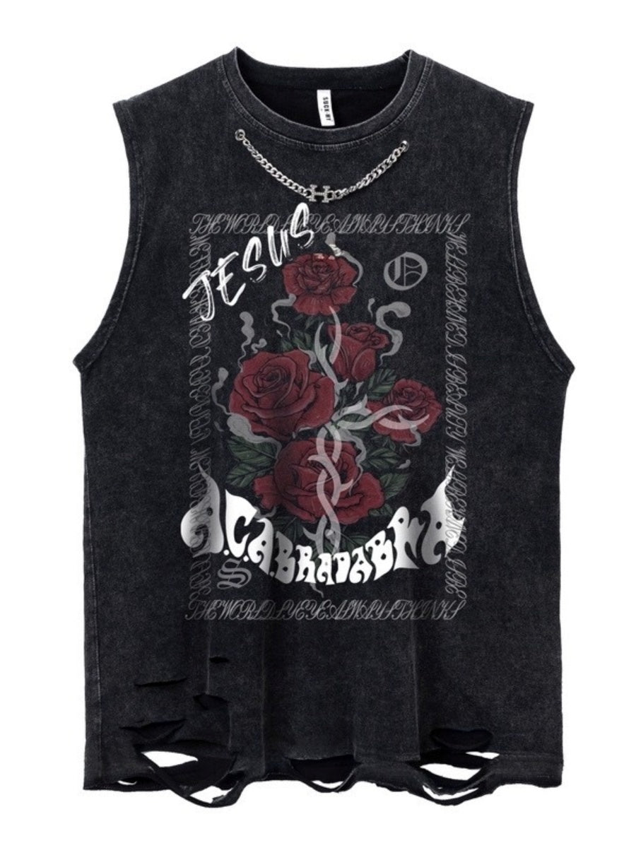 Neck Chain Wash Ripped Rose Sleeveless T-shirt NH7001