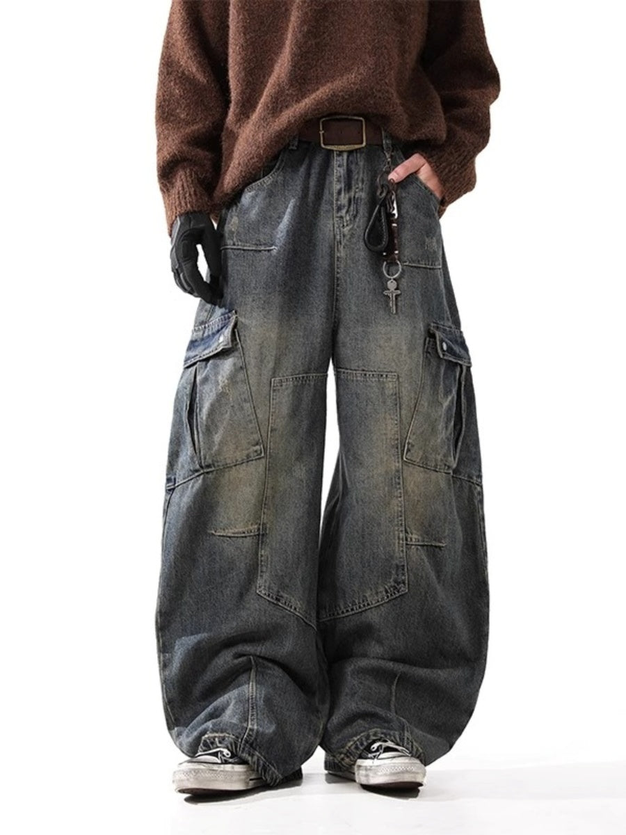 Distressed Washed Patch Curve Cargo Jeans BL1036