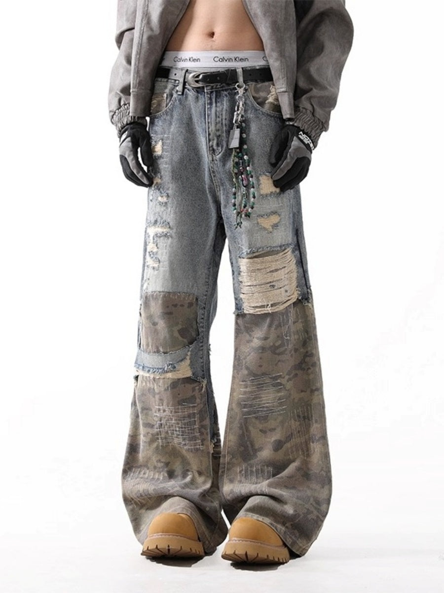 Ripped Camouflage Stitched Bootcut Jeans BL1038