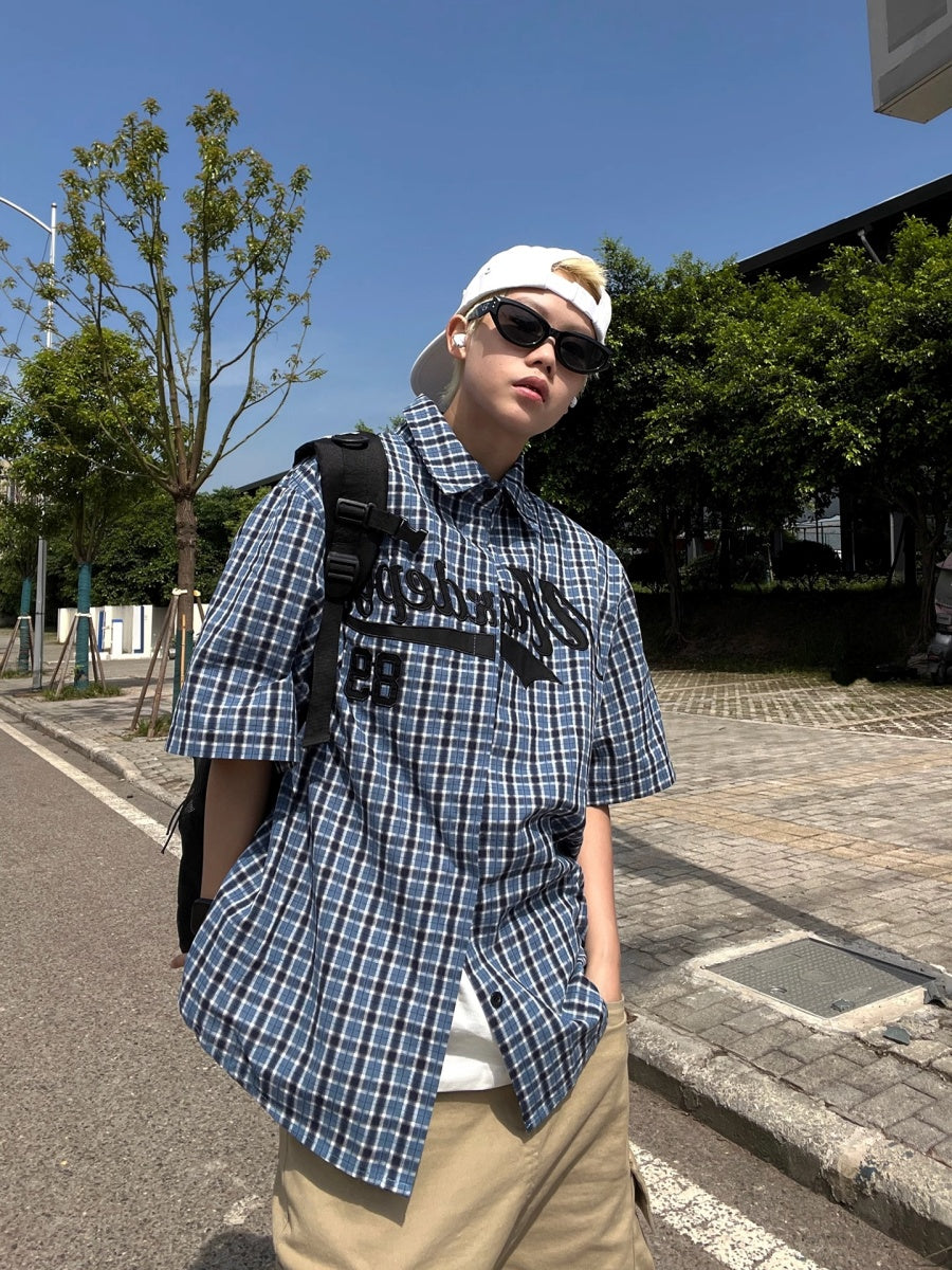 Embroidery Letter Plaid Shirt EAT172