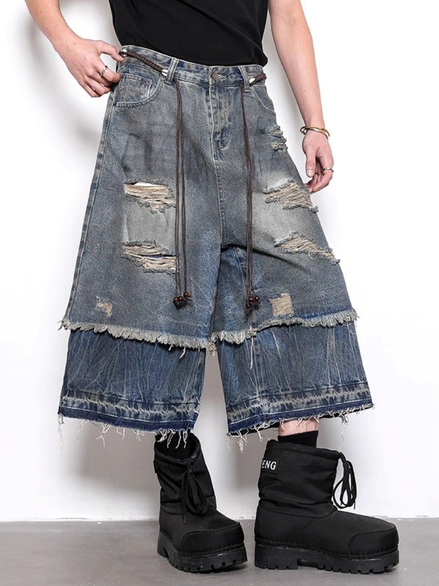 Fake Two-piece Distressed Ripped Cropped Jeans BL1021