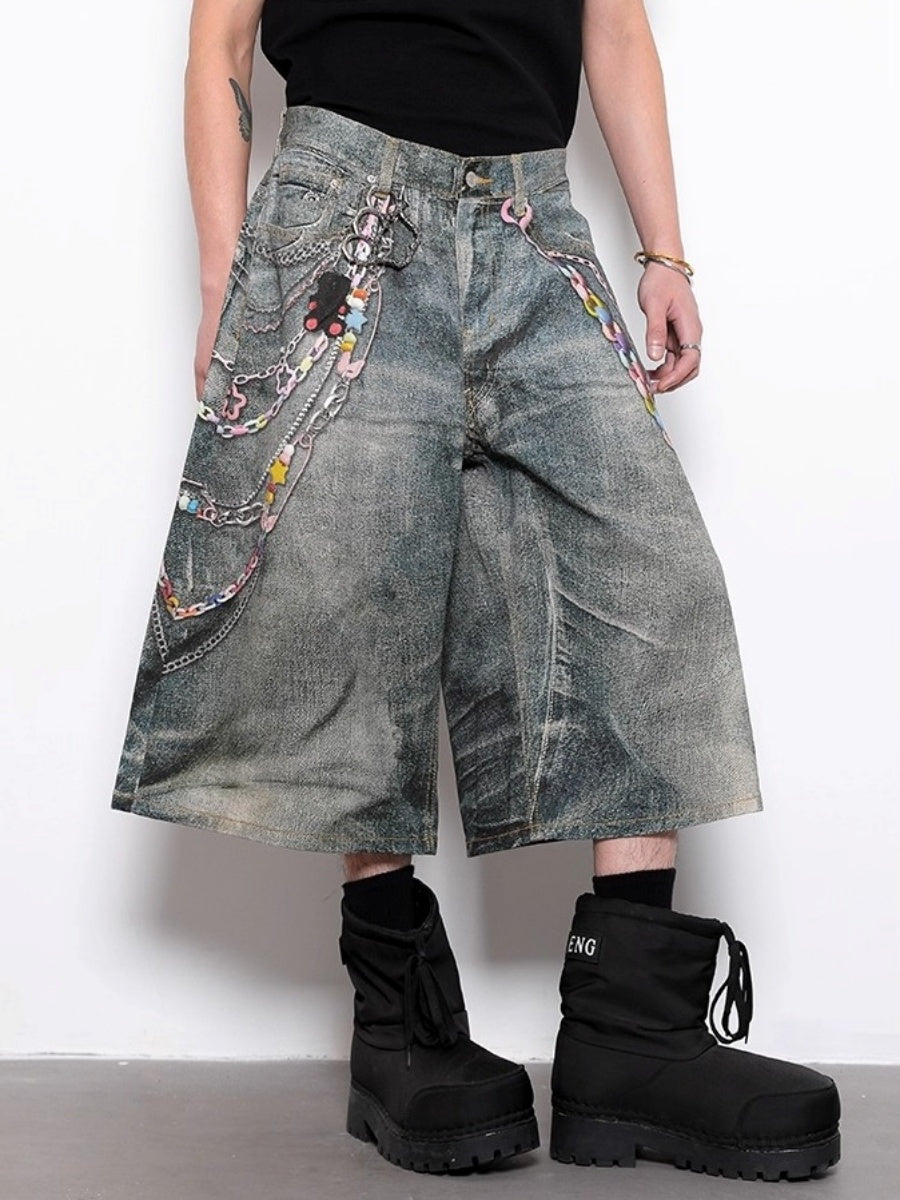 Chain Print Design Wide-leg Cropped Jeans BL1023