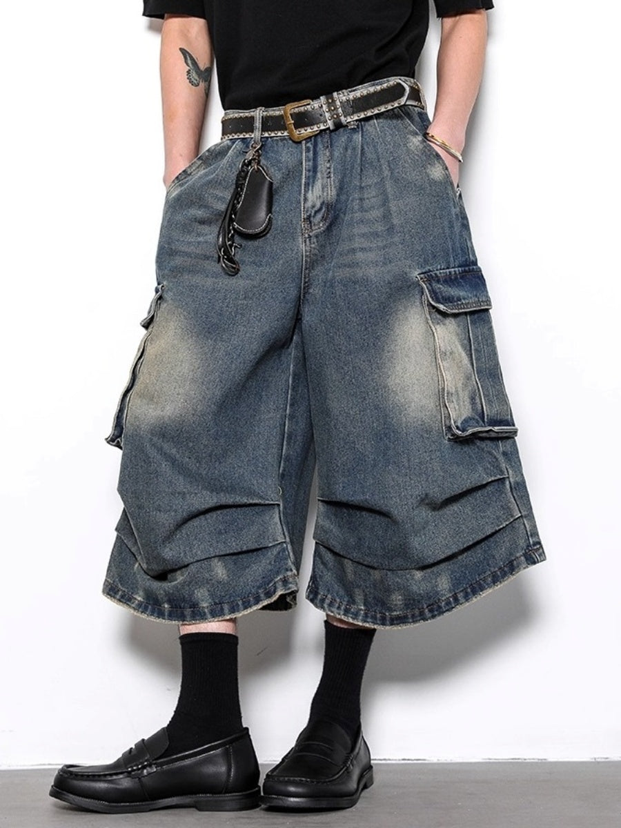 Washed Pleated Cropped Cargo Jeans BL1003