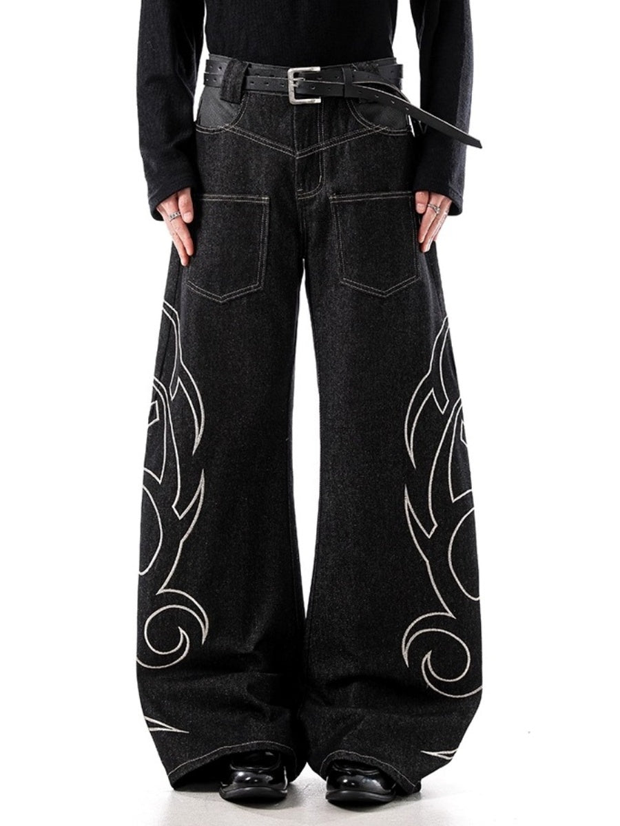 Cow Snake Print Embroidered Wide Curve Jeans BL1052