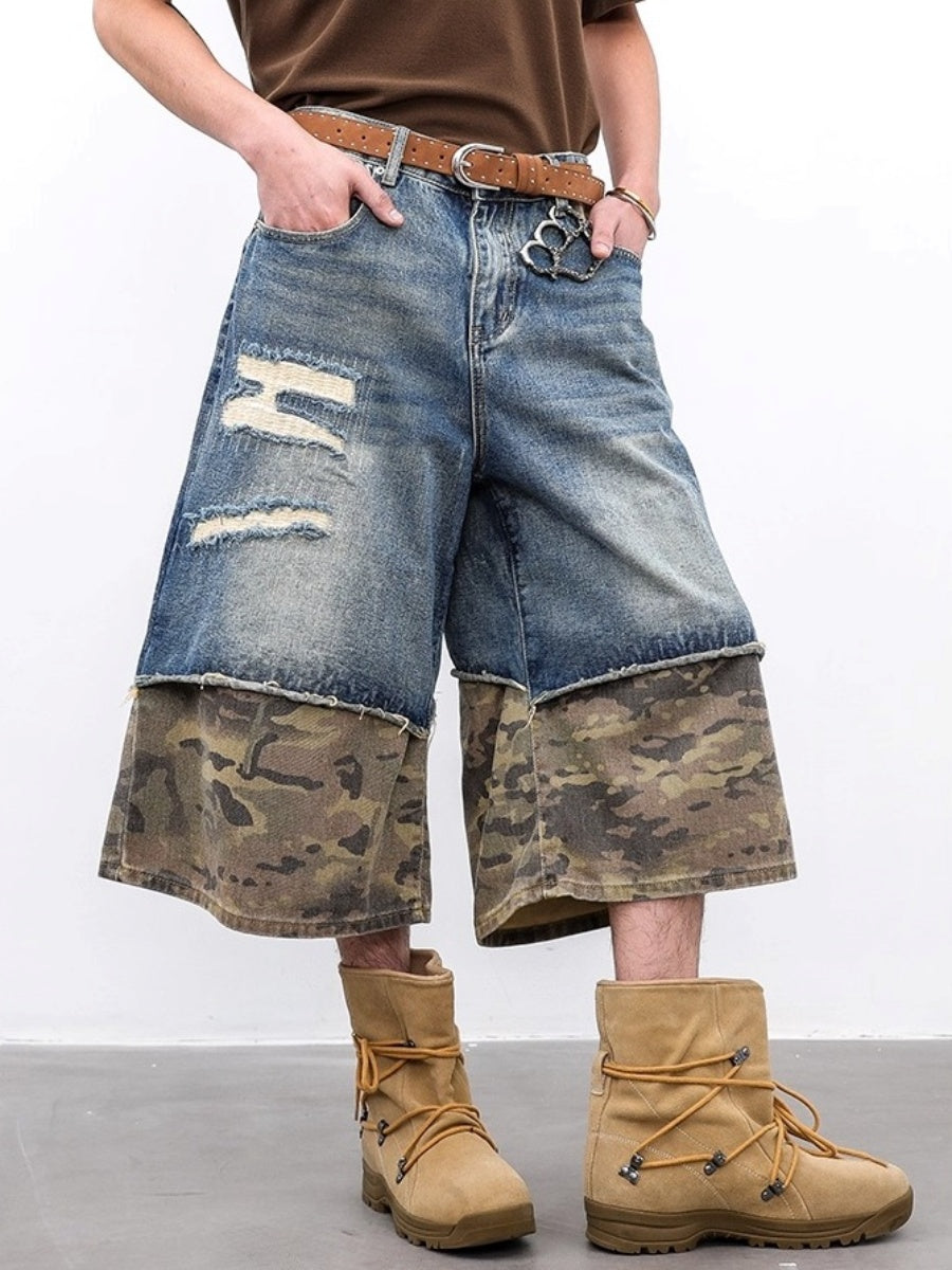 Vintage Panelled Ripped Camouflage Cropped Jeans BL1009