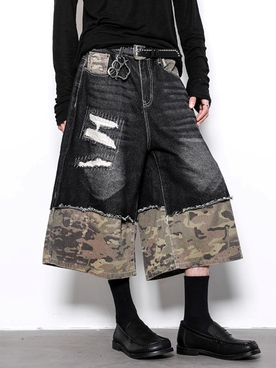 Panelled Ripped Camouflage Cropped Jeans BL1001