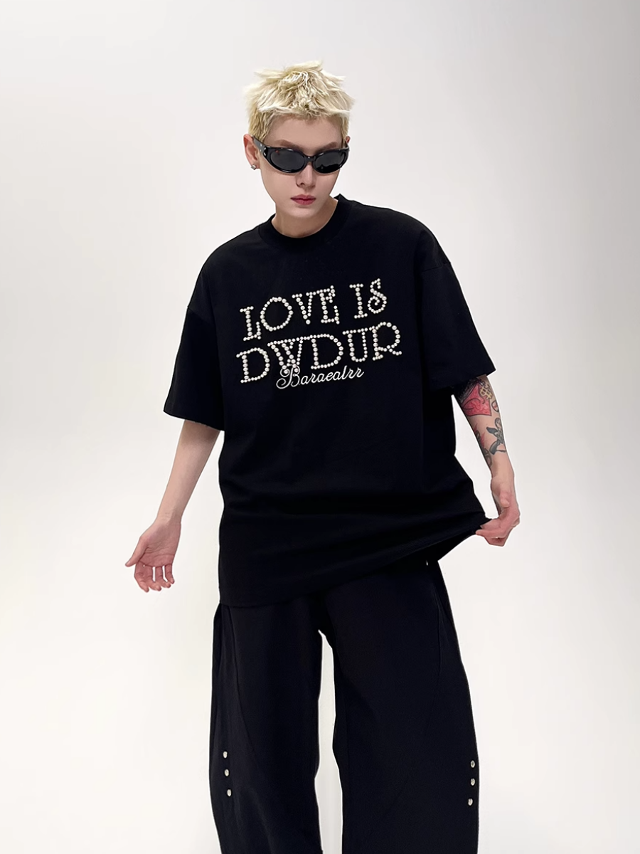 Pearl Letter Slogan T-shirt EAT151