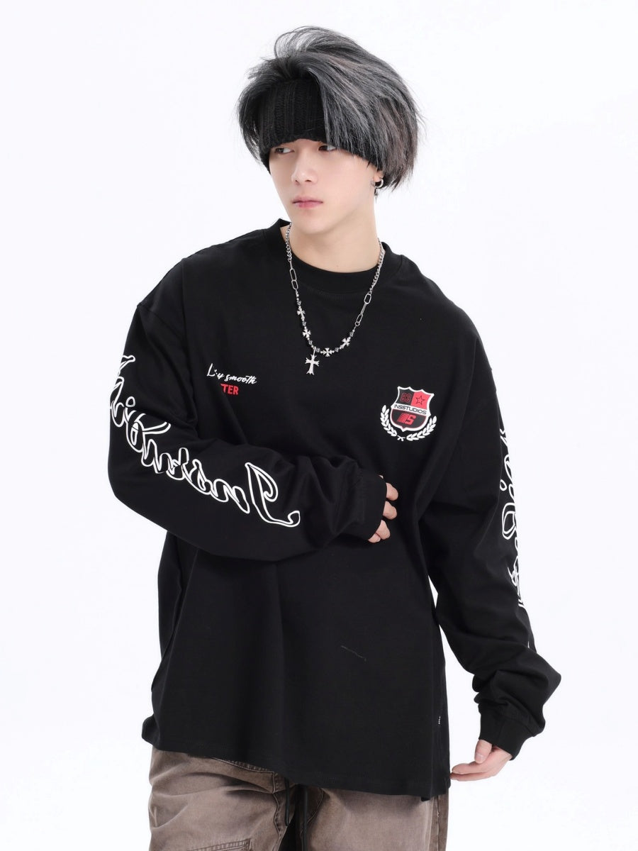 Retro Badge Print LOGO Long Sleeve T-Shirt IN7072