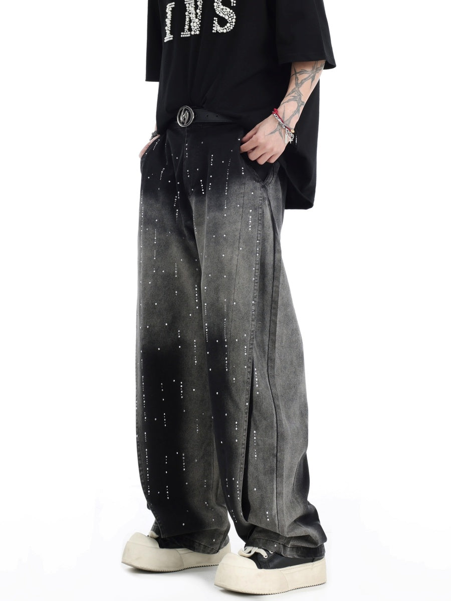 RhineStone Gradient Loose Distressed Washed Jeans IN7068