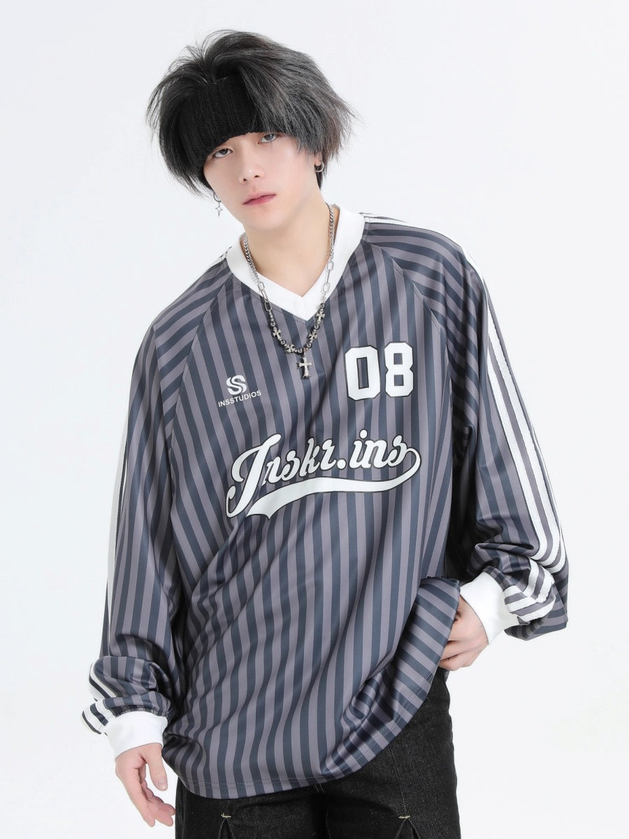 Stripe V-Neck Long Sleeve Sporty T-Shirt IN7073