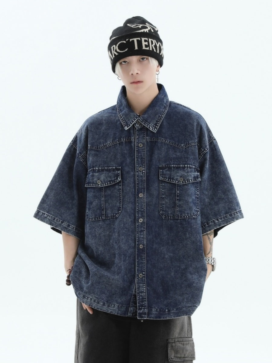 Embroidered Logo Loose Wash Denim Shirt IN7027